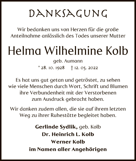 Traueranzeige von Helma Wilhelmine Kolb von OF