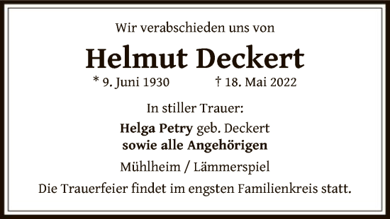 Traueranzeige von Helmut Deckert von OF