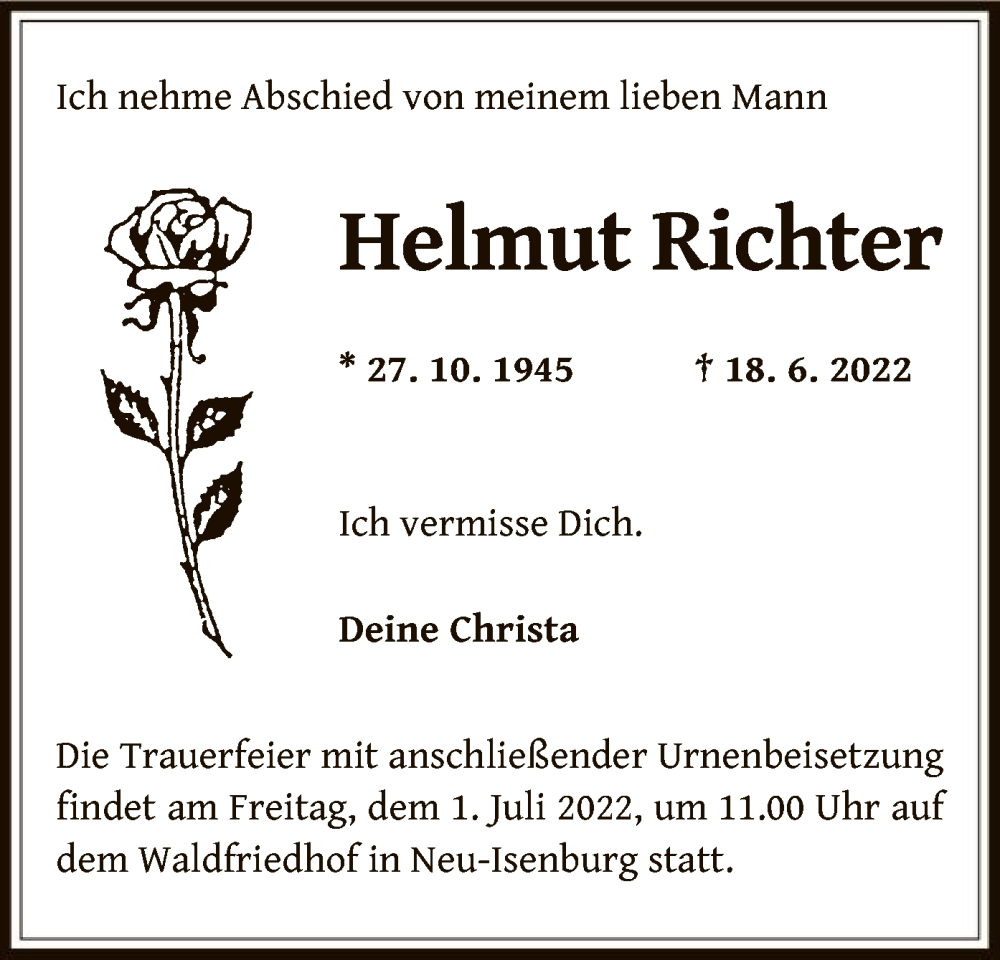  Traueranzeige für Helmut Richter vom 23.06.2022 aus OF