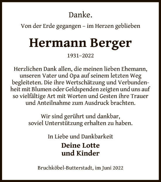 Traueranzeige von Hermann Berger von OF