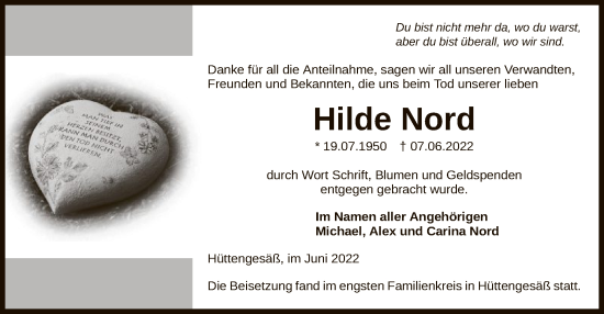 Traueranzeige von Hilde Nord von OF