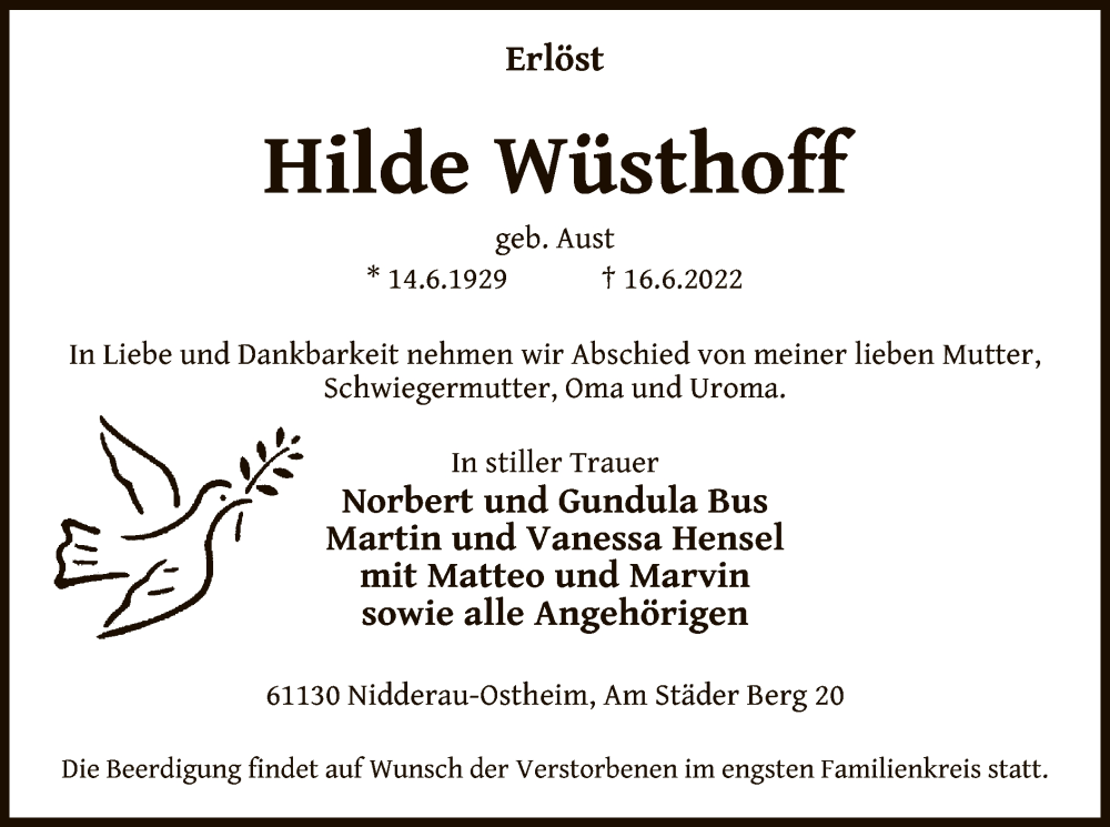  Traueranzeige für Hilde Wüsthoff vom 18.06.2022 aus OF