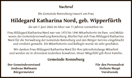 Traueranzeige von Hildegard Katharina Nord von OF