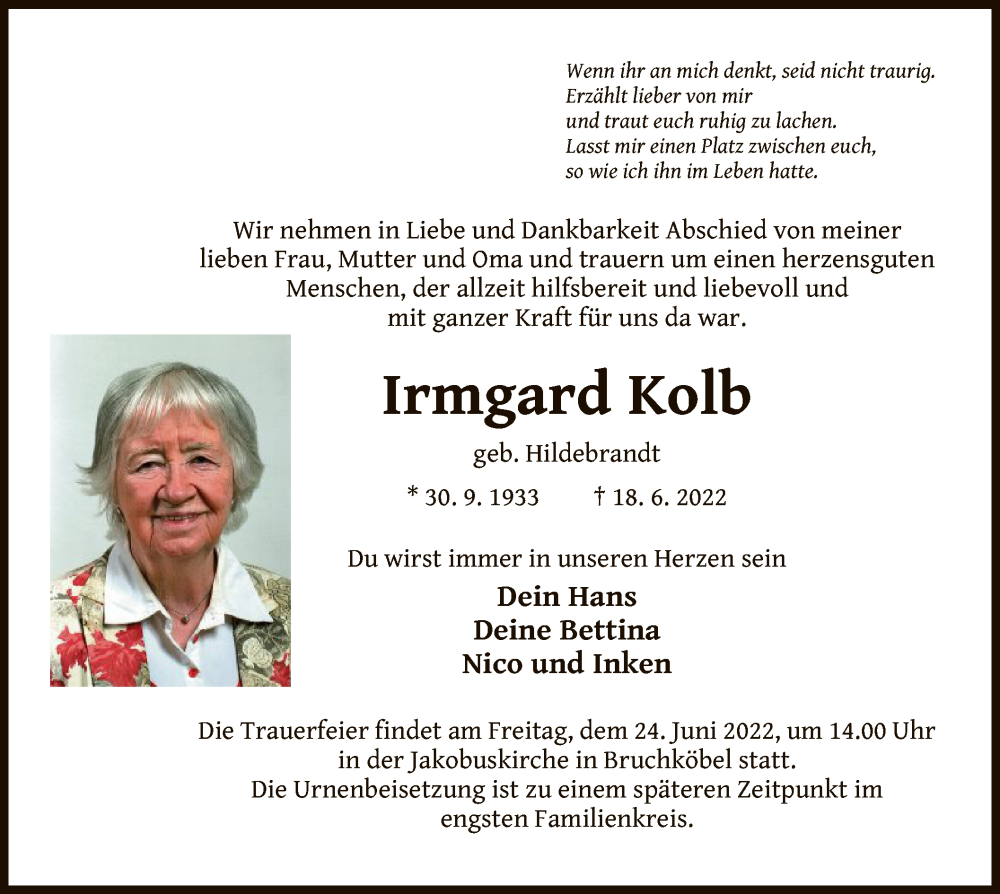  Traueranzeige für Irmgard Kolb vom 22.06.2022 aus OF