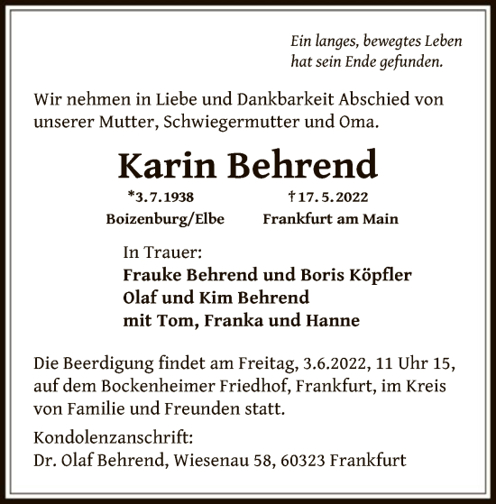 Traueranzeige von Karin Behrend von OF