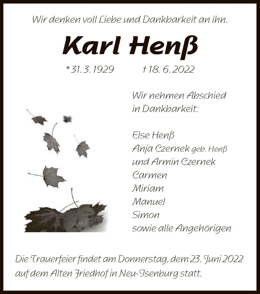  Traueranzeige für Karl Henß vom 23.06.2022 aus OF