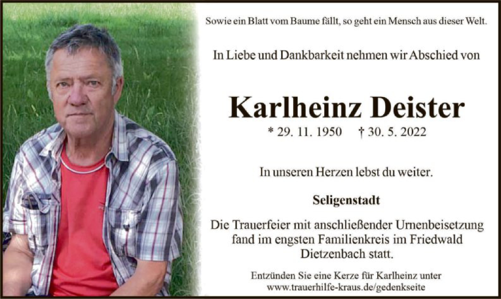  Traueranzeige für Karlheinz Deister vom 25.06.2022 aus OF