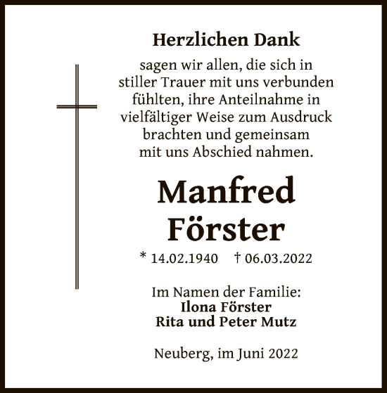 Traueranzeige von Manfred Förster von OF