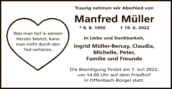 Traueranzeige von Manfred Müller von OF