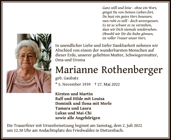 Traueranzeige von Marianne Rothenberger von OF