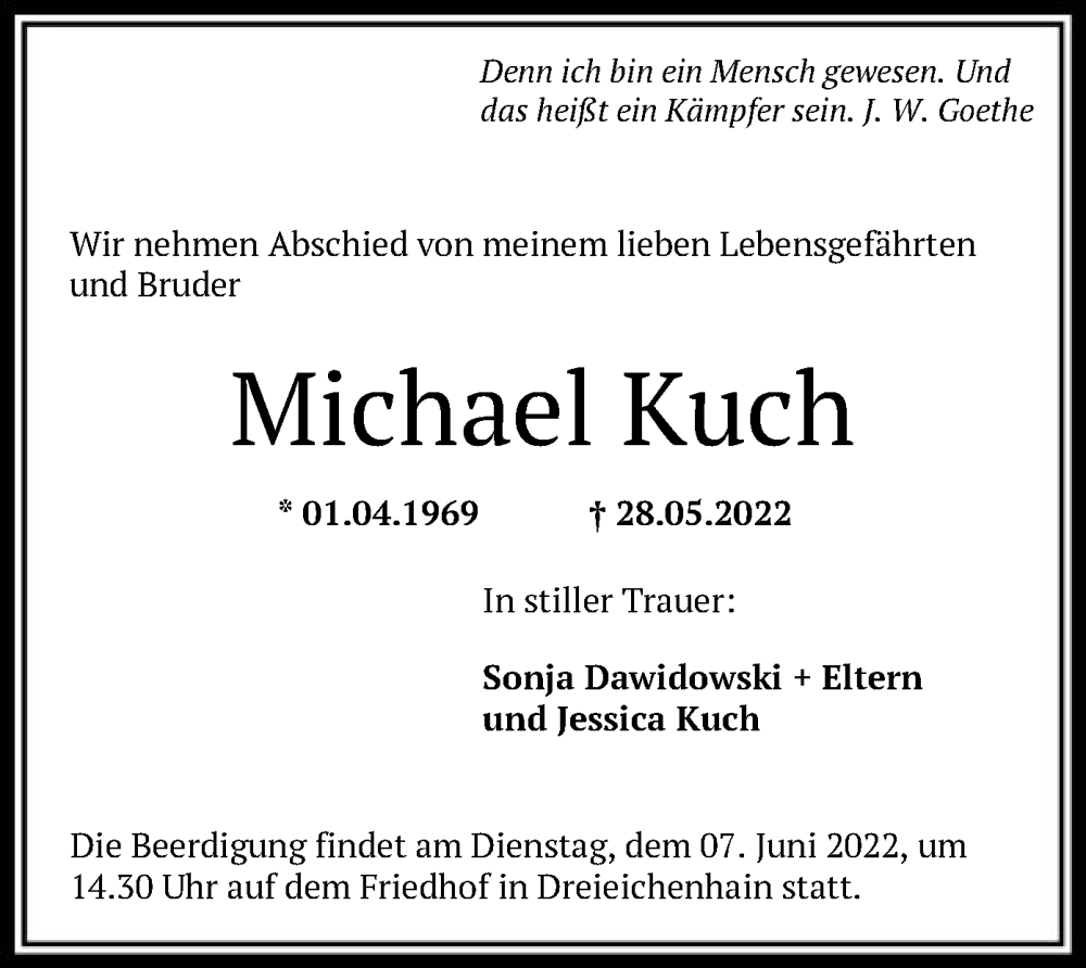  Traueranzeige für Michael Kuch vom 02.06.2022 aus OF