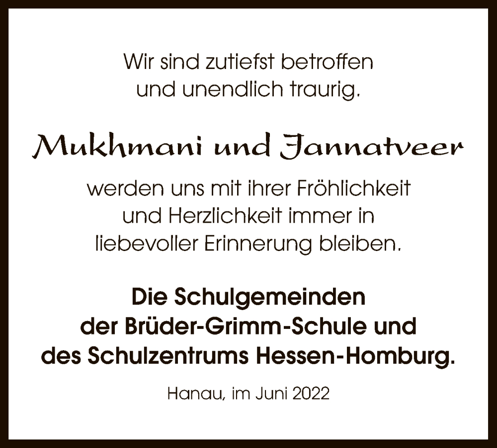  Traueranzeige für Mukhmani und Jannatveer  vom 04.06.2022 aus OF