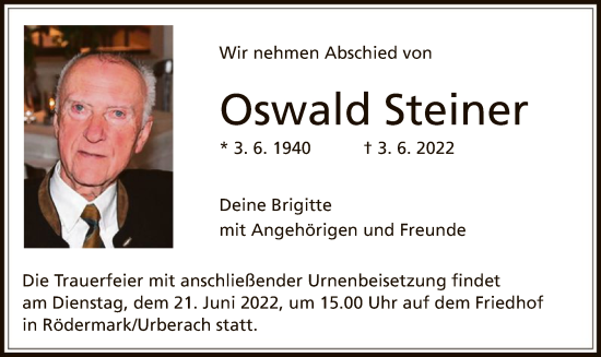 Traueranzeige von Oswald Steiner von OF