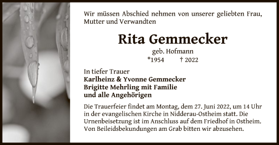 Traueranzeige von Rita Gemmecker von OF