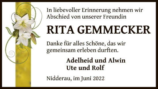 Traueranzeige von Rita Gemmecker von OF