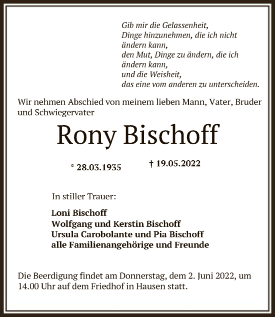 Traueranzeige von Rony Bischoff von OF