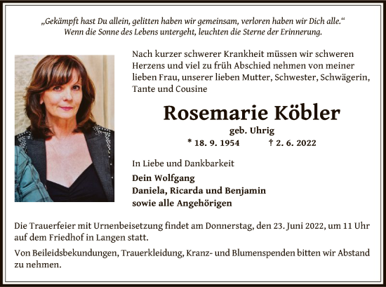 Traueranzeige von Rosemarie Köbler von OF