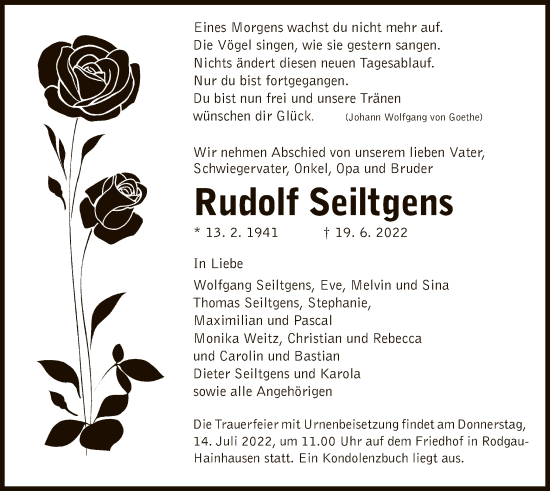 Traueranzeige von Rudolf Seiltgens von OF