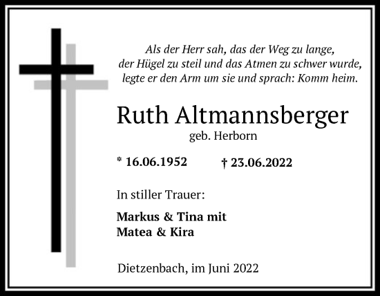 Traueranzeige von Ruth Altmannsberger von OF