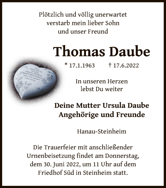 Traueranzeige von Thomas Daube von OF