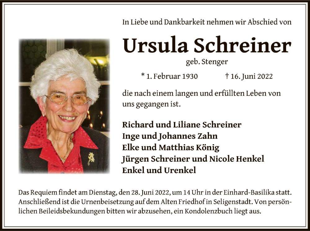  Traueranzeige für Ursula Schreiner vom 25.06.2022 aus OF