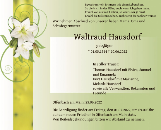 Traueranzeige von Waltraud Hausdorf von OF
