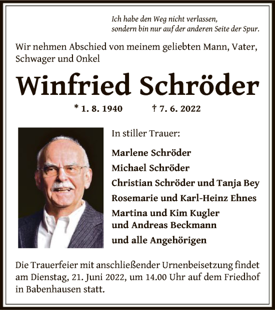 Traueranzeige von Winfried Schröder von OF