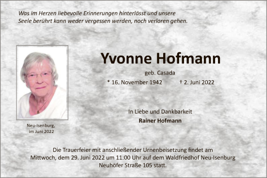 Traueranzeige von Yvonne Hofmann von OF