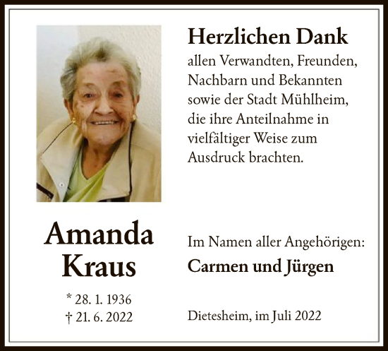 Traueranzeige von Amanda Kraus von OF