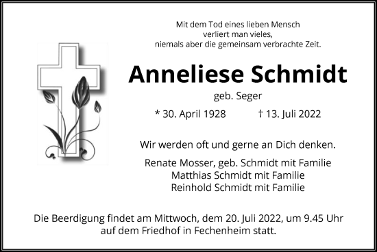 Traueranzeige von Anneliese Schmidt von OF