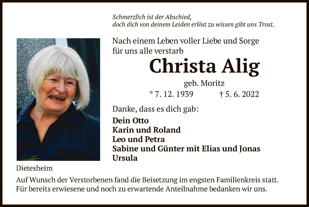  Traueranzeige für Christa Alig vom 13.07.2022 aus OF