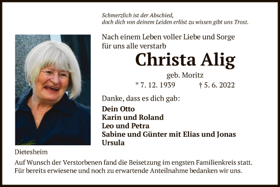 Traueranzeige von Christa Alig von OF