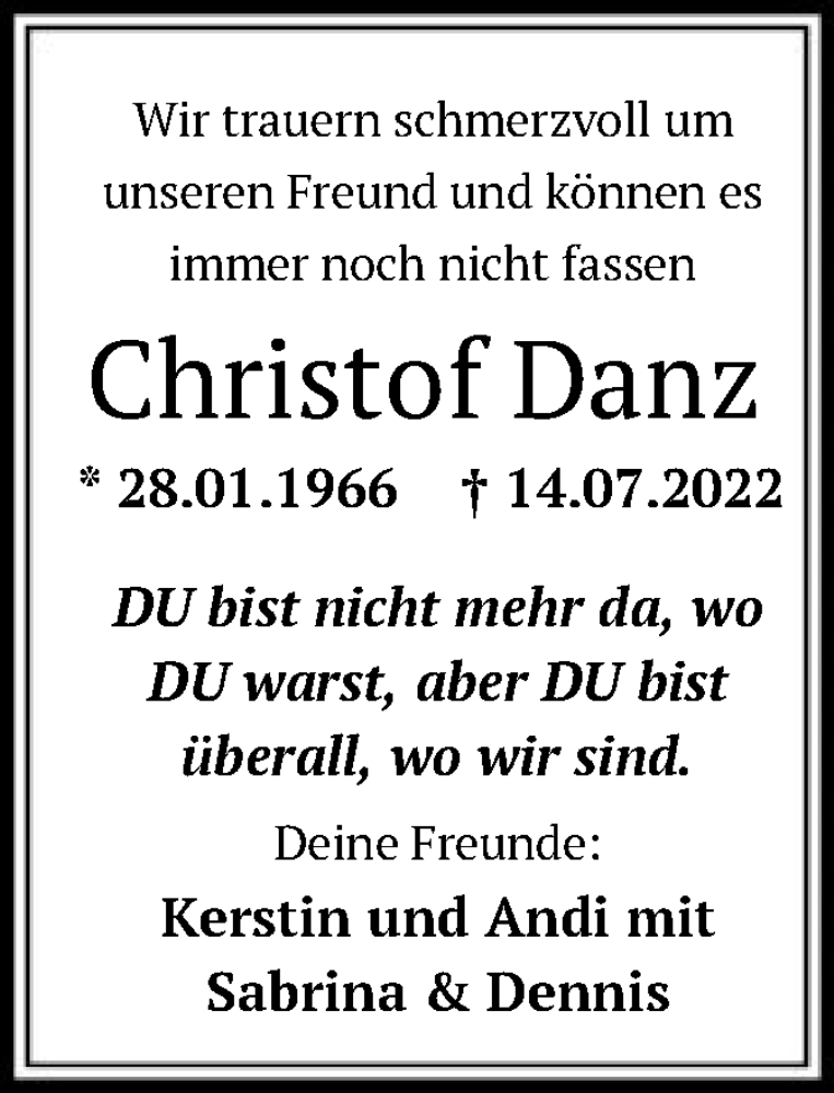  Traueranzeige für Christof Danz vom 23.07.2022 aus OF