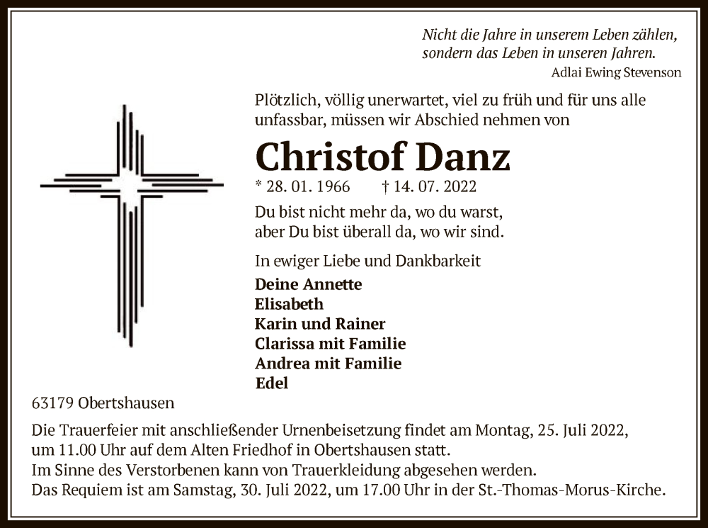  Traueranzeige für Christof Danz vom 23.07.2022 aus OF