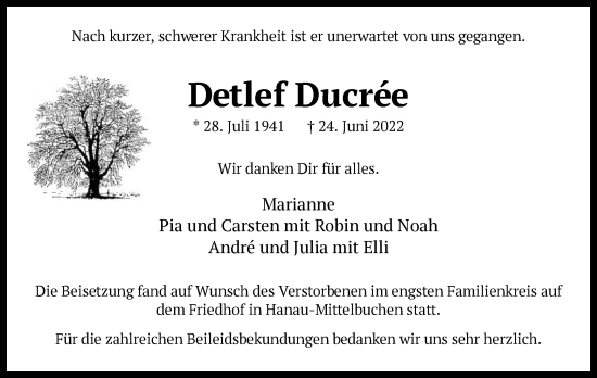 Traueranzeige von Detlef Ducree von OF