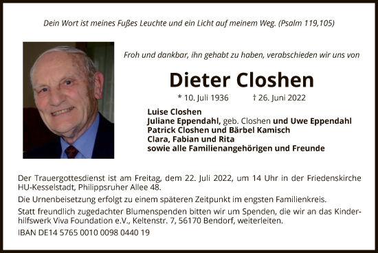 Traueranzeige von Dieter Closhen von OF