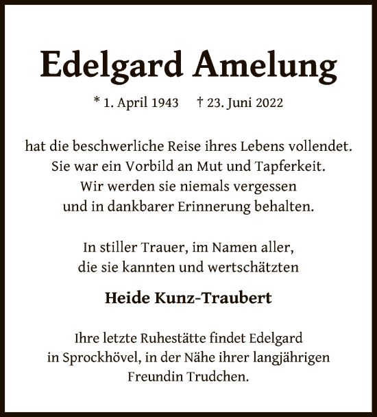 Traueranzeige von Edelgard Amelung von OF