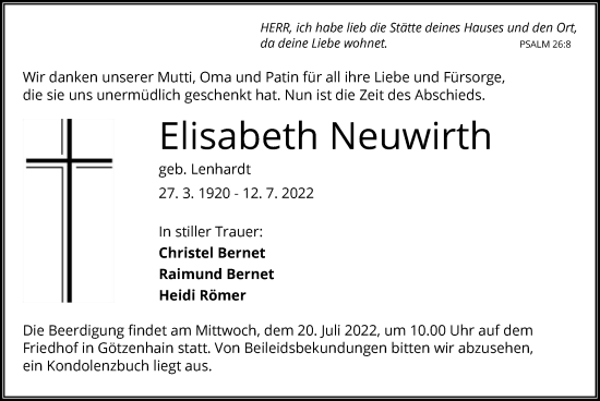 Traueranzeige von Elisabeth Neuwirth von OF