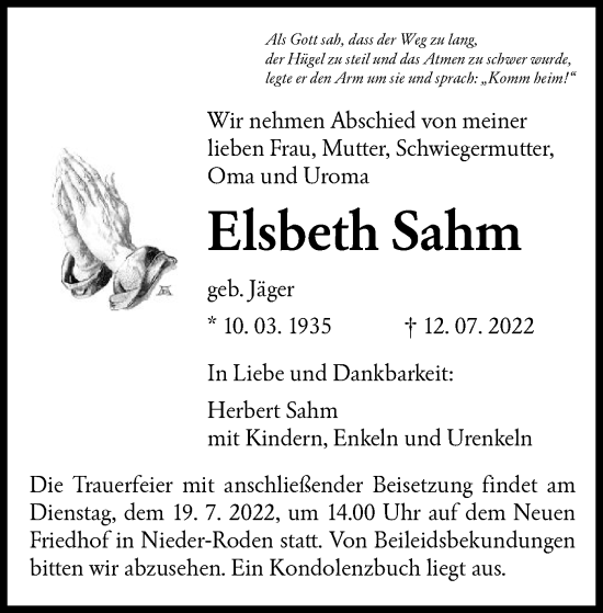 Traueranzeige von Elsbeth Sahm von OF