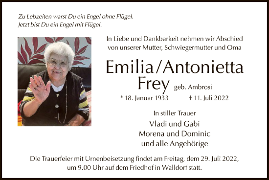 Traueranzeige von EmiliaAntonietta Frey von OF