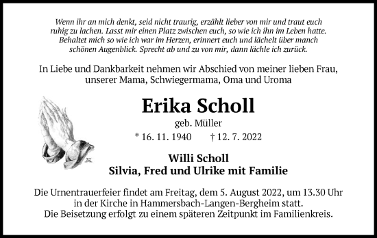 Traueranzeige von Erika Scholl von OF