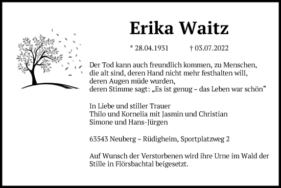 Traueranzeige von Erika Waitz von OF