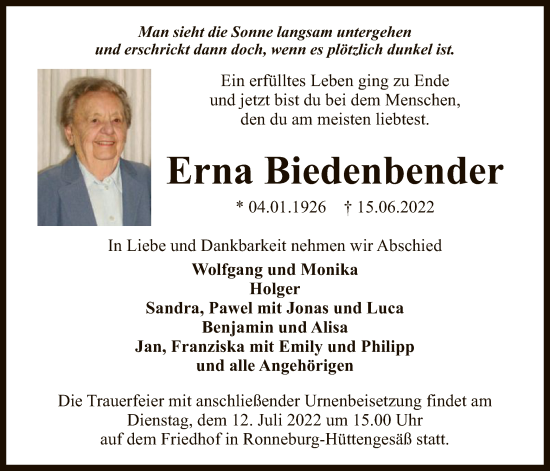 Traueranzeige von Erna Biedenbender von OF