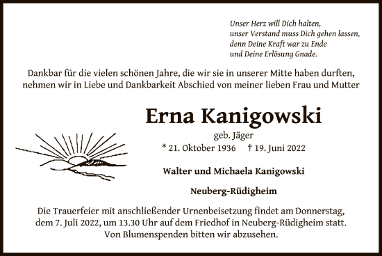 Traueranzeige von Erna Kanigowski von OF