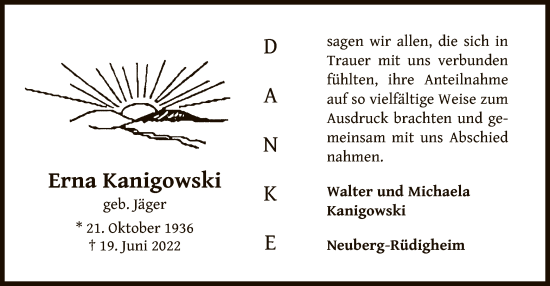 Traueranzeige von Erna Kanigowski von OF