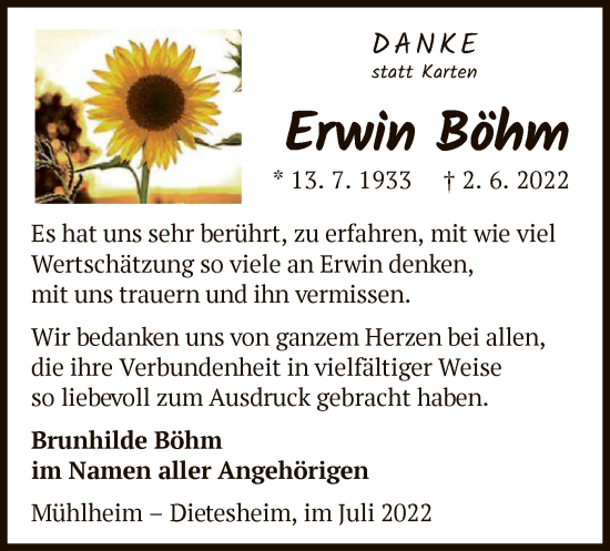 Traueranzeige von Erwin Böhm von OF