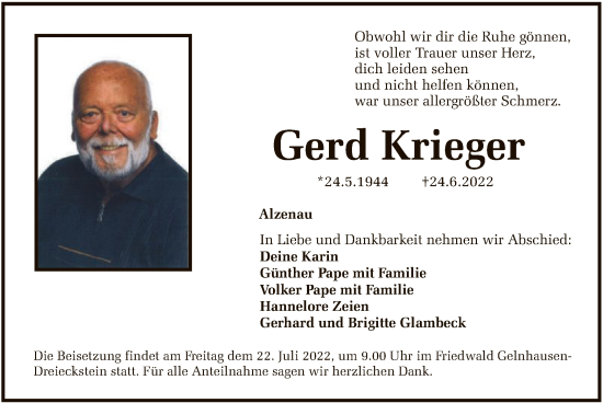 Traueranzeige von Gerd Krieger von OF