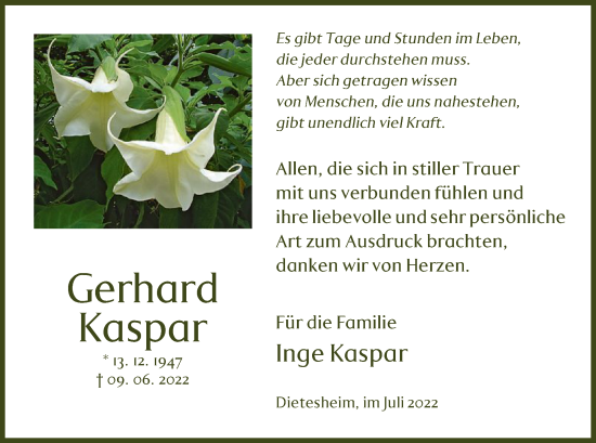 Traueranzeige von Gerhard Kaspar von OF