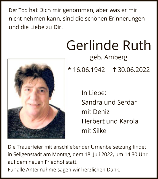 Traueranzeige von Gerlinde Ruth von OF