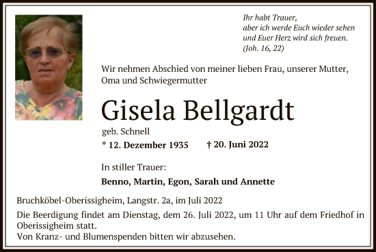 Traueranzeige von Gisela Bellgardt von OF